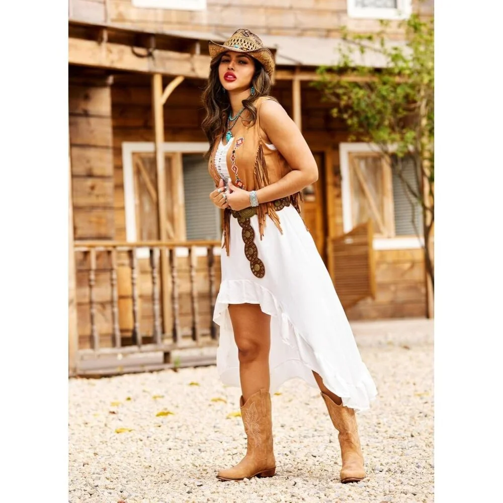 Women's Tan Western Boots Cowgirl Boots Pull On Pointy Toe Mid Calf Boots